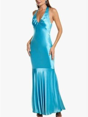 Issue Satin V Neck Gown Turqoise Size 8 NWT